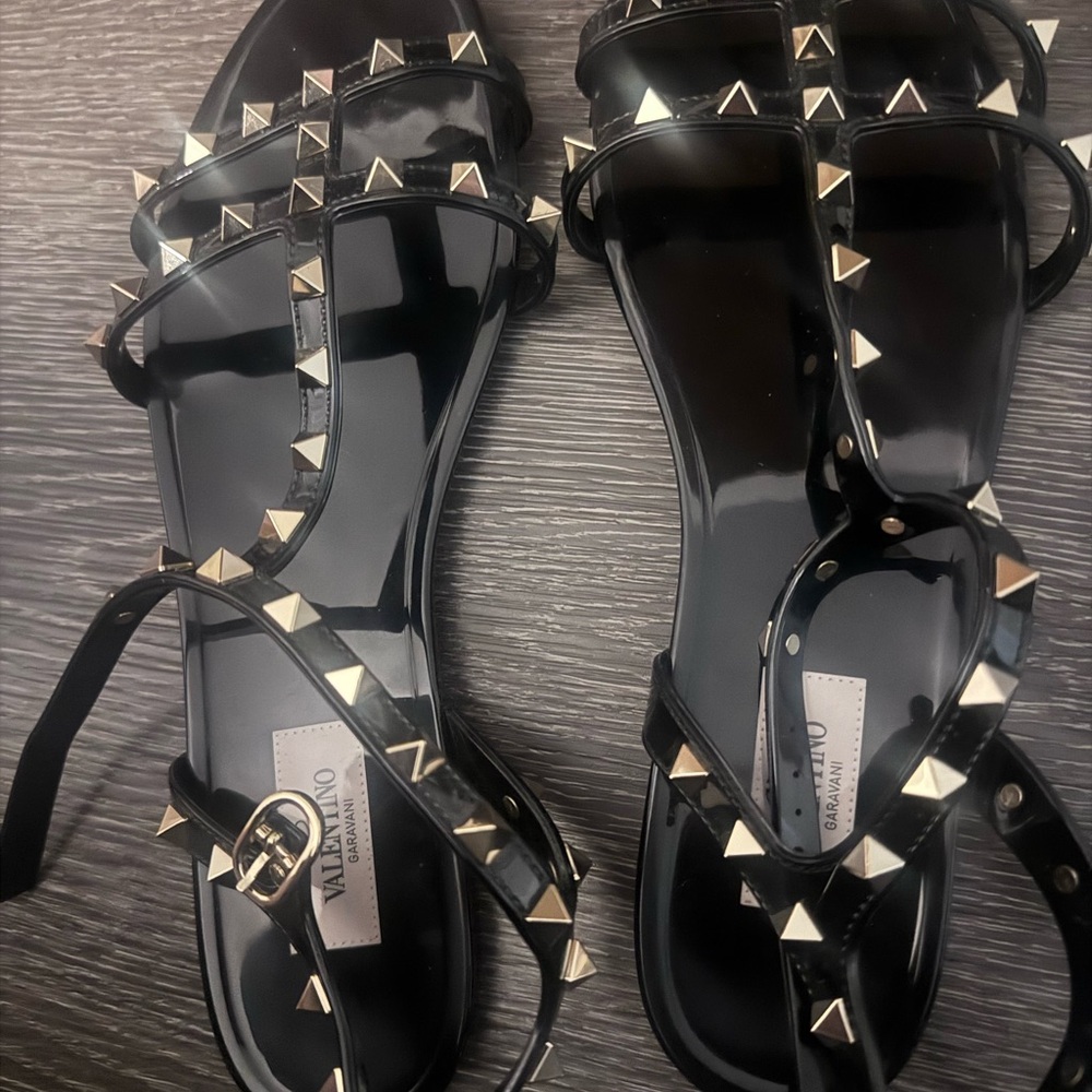 Valentino Black Jelly Rockstud T-Strap Sandals